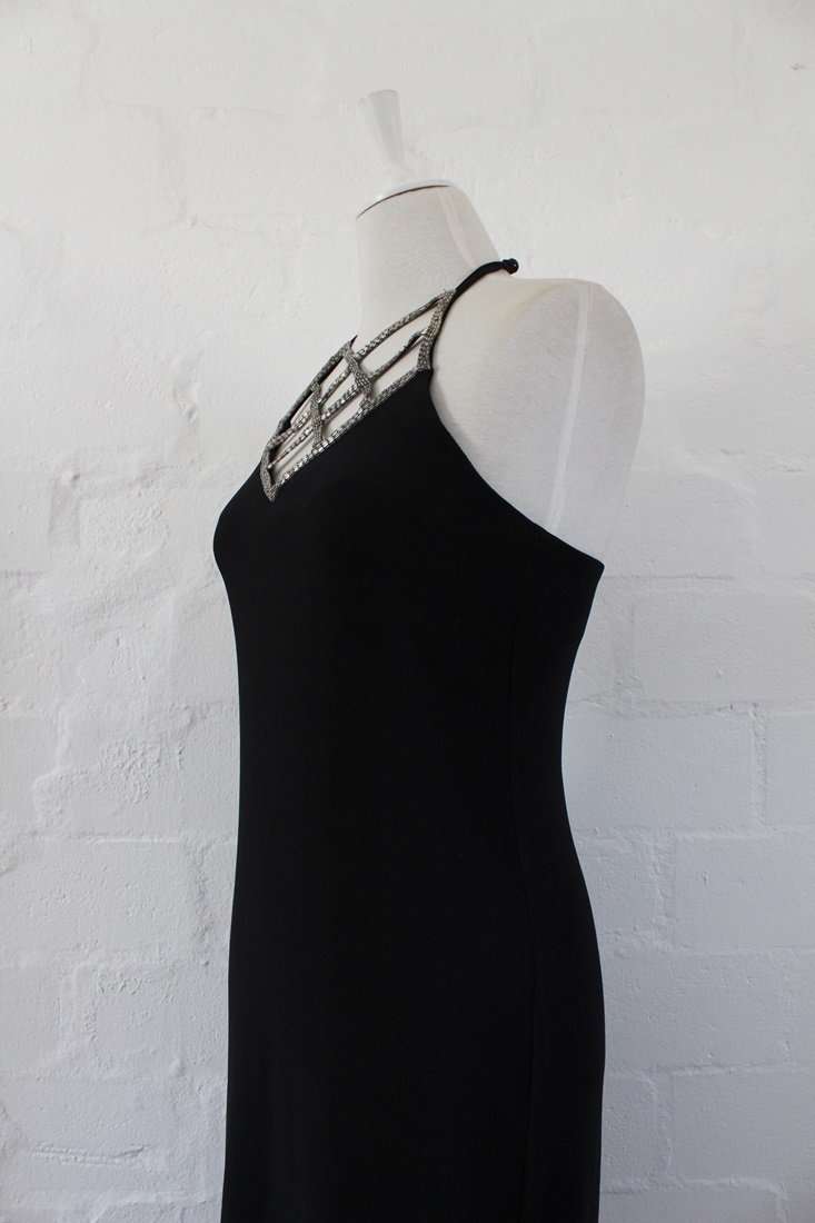 VINTAGE BEADED LATTICE NECKLINE BLACK RIBBED FITTED MAXI COCKTAIL DRESS - SIZE 12