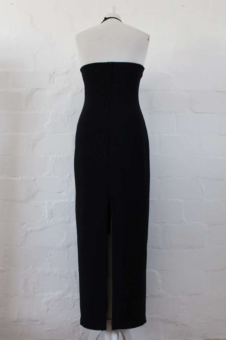 VINTAGE BEADED LATTICE NECKLINE BLACK RIBBED FITTED MAXI COCKTAIL DRESS - SIZE 12