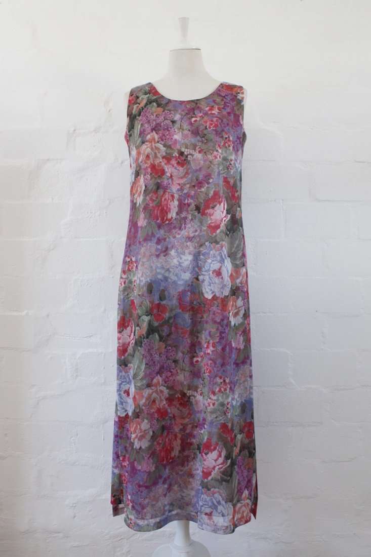 VINTAGE FLORAL PRINT GREEN PINK SIDE SLIT MAXI DRESS - SIZE 10