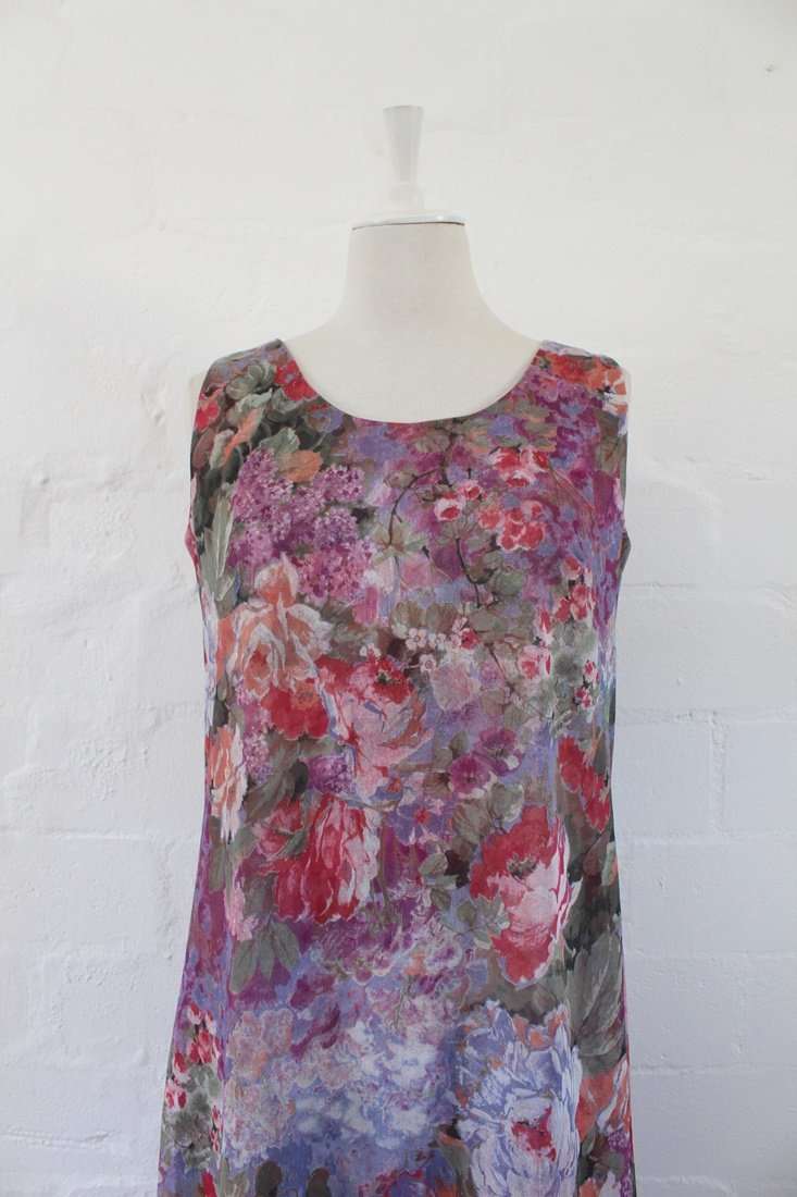 VINTAGE FLORAL PRINT GREEN PINK SIDE SLIT MAXI DRESS - SIZE 10