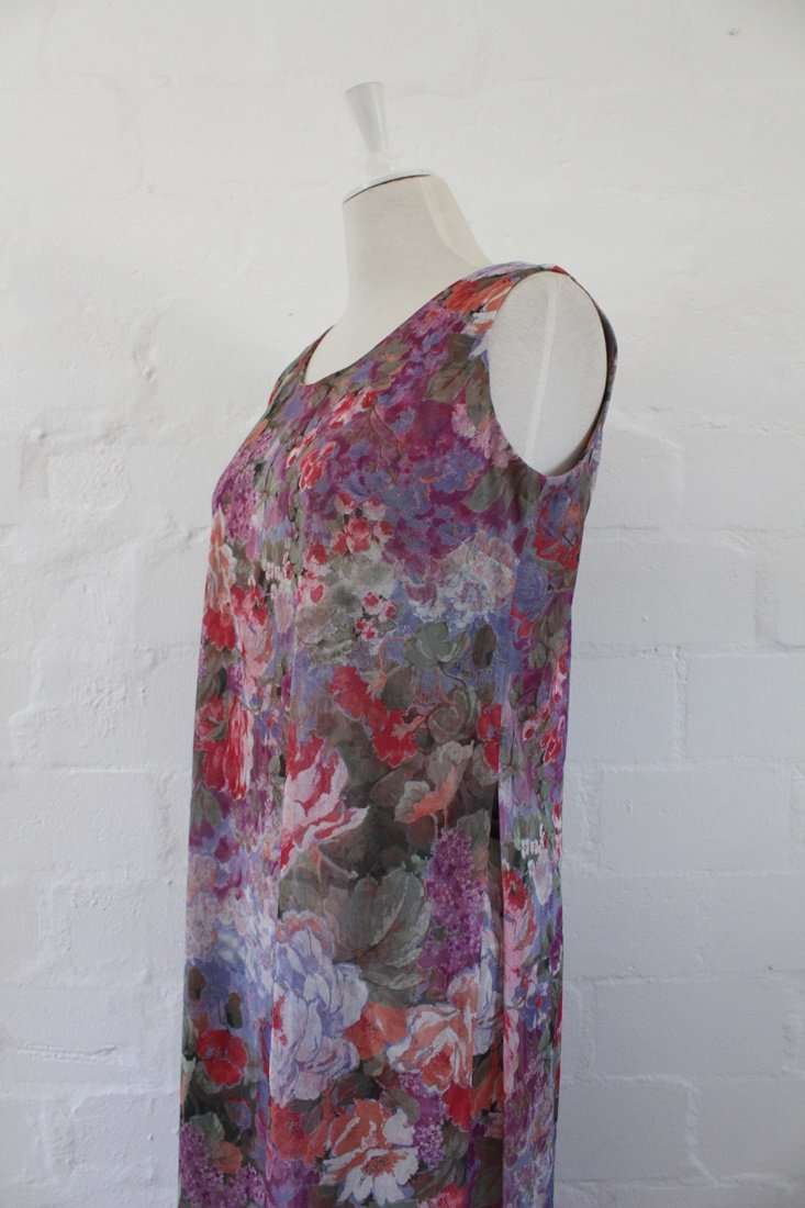 VINTAGE FLORAL PRINT GREEN PINK SIDE SLIT MAXI DRESS - SIZE 10