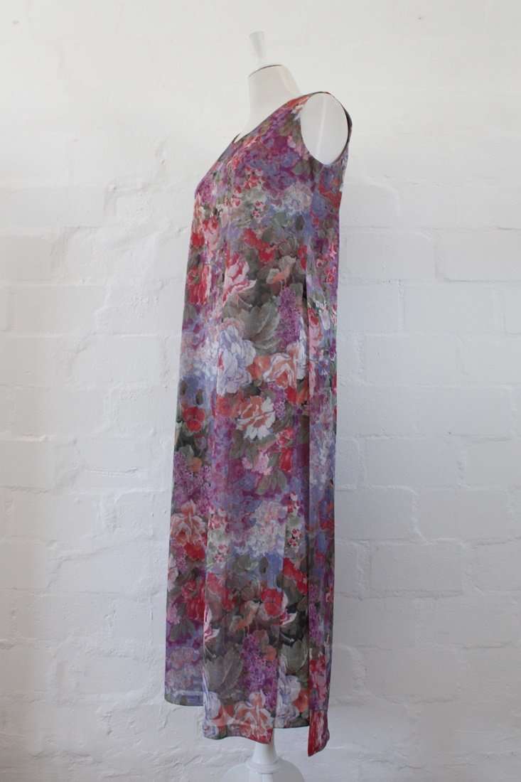 VINTAGE FLORAL PRINT GREEN PINK SIDE SLIT MAXI DRESS - SIZE 10