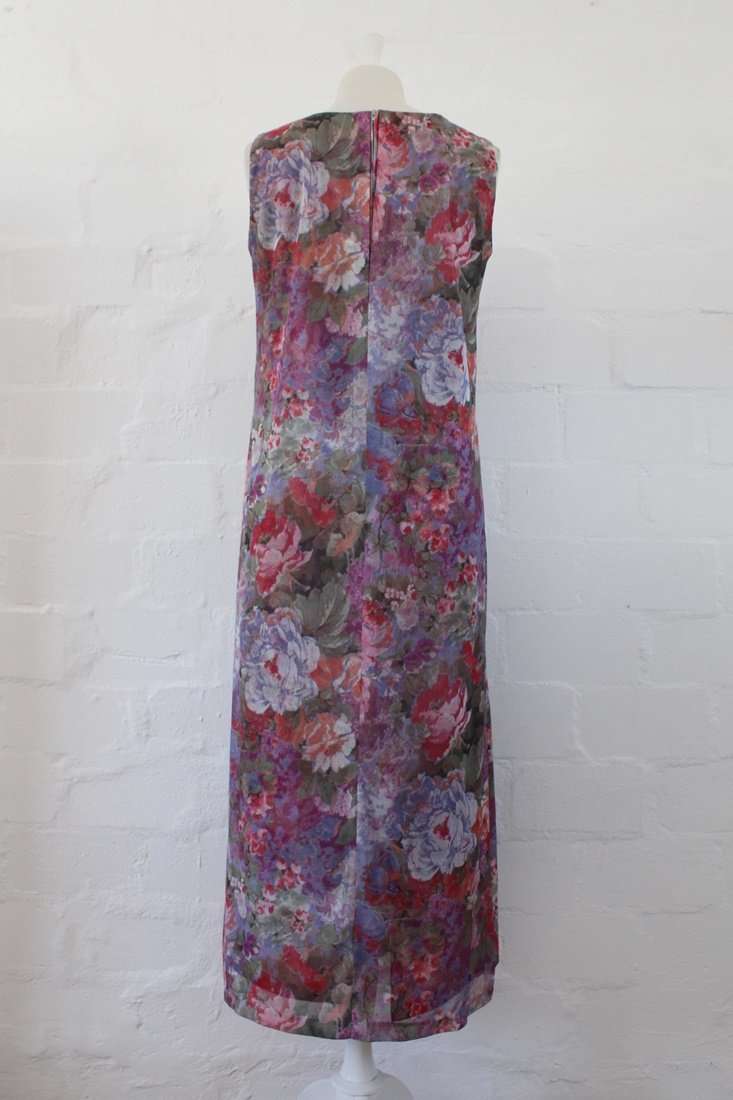 VINTAGE FLORAL PRINT GREEN PINK SIDE SLIT MAXI DRESS - SIZE 10
