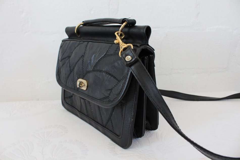 VINTAGE BLACK PATCH GENUINE LEATHER SATCHEL BAG HANDBAG