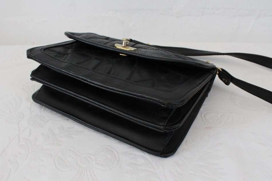 VINTAGE BLACK PATCH GENUINE LEATHER SATCHEL BAG HANDBAG