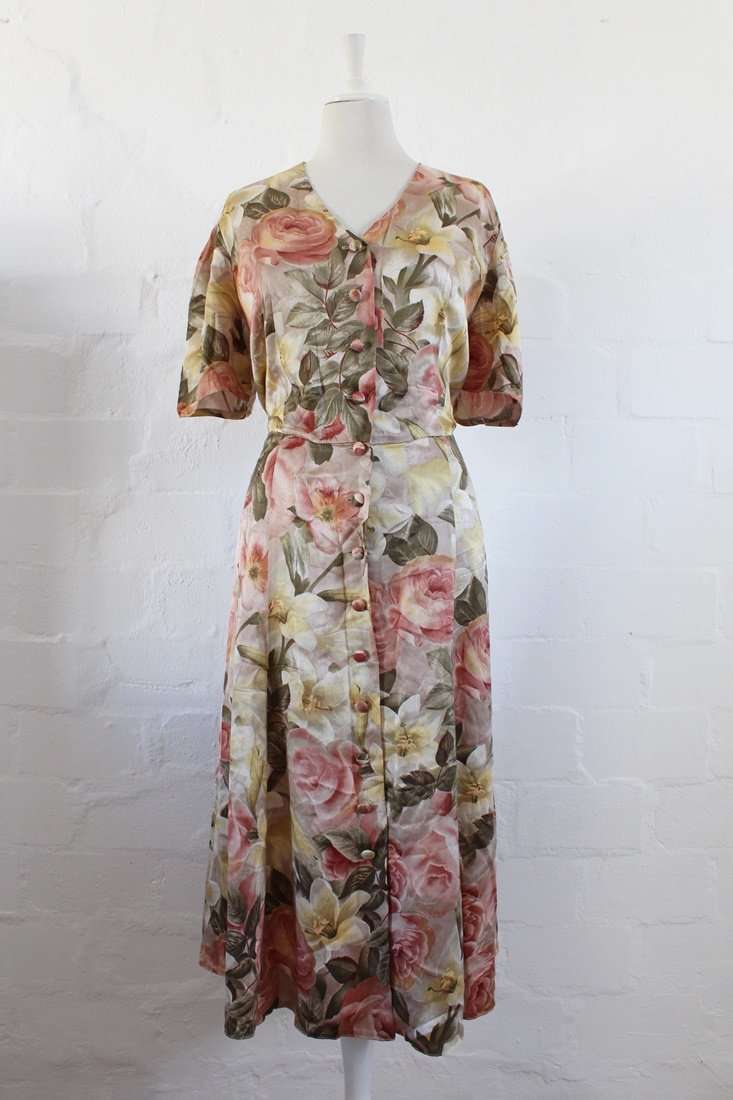 100% SILK ATELIER BEATRICE MURTEN DESIGNER VINTAGE PINK FLORAL DRESS - SIZE 16