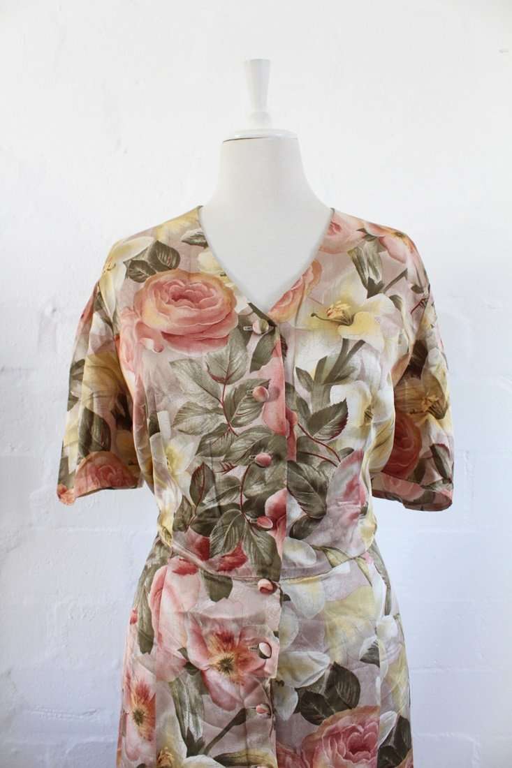100% SILK ATELIER BEATRICE MURTEN DESIGNER VINTAGE PINK FLORAL DRESS - SIZE 16