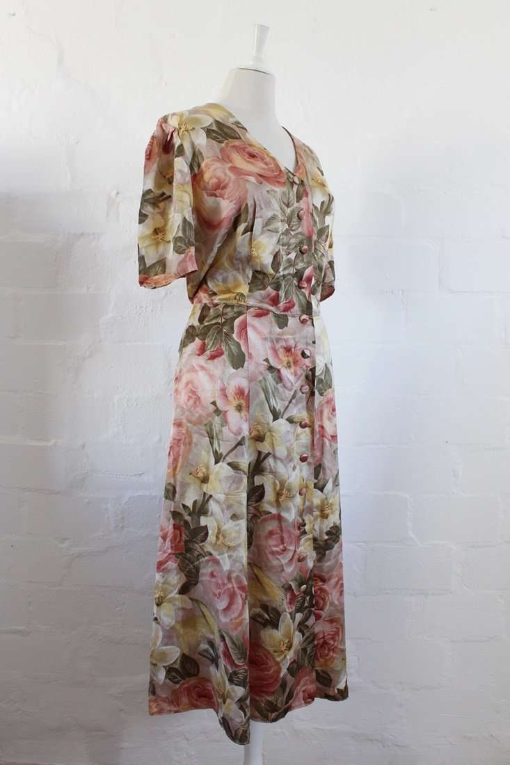100% SILK ATELIER BEATRICE MURTEN DESIGNER VINTAGE PINK FLORAL DRESS - SIZE 16