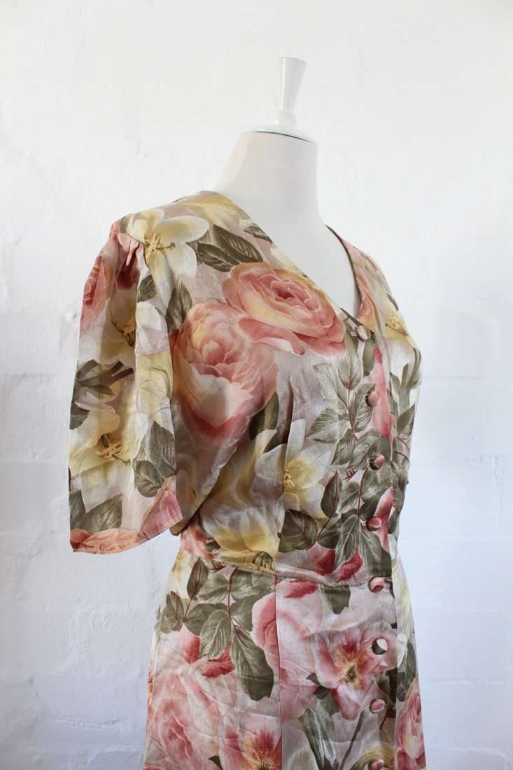100% SILK ATELIER BEATRICE MURTEN DESIGNER VINTAGE PINK FLORAL DRESS - SIZE 16