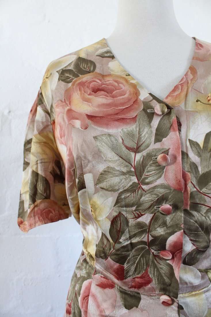 100% SILK ATELIER BEATRICE MURTEN DESIGNER VINTAGE PINK FLORAL DRESS - SIZE 16