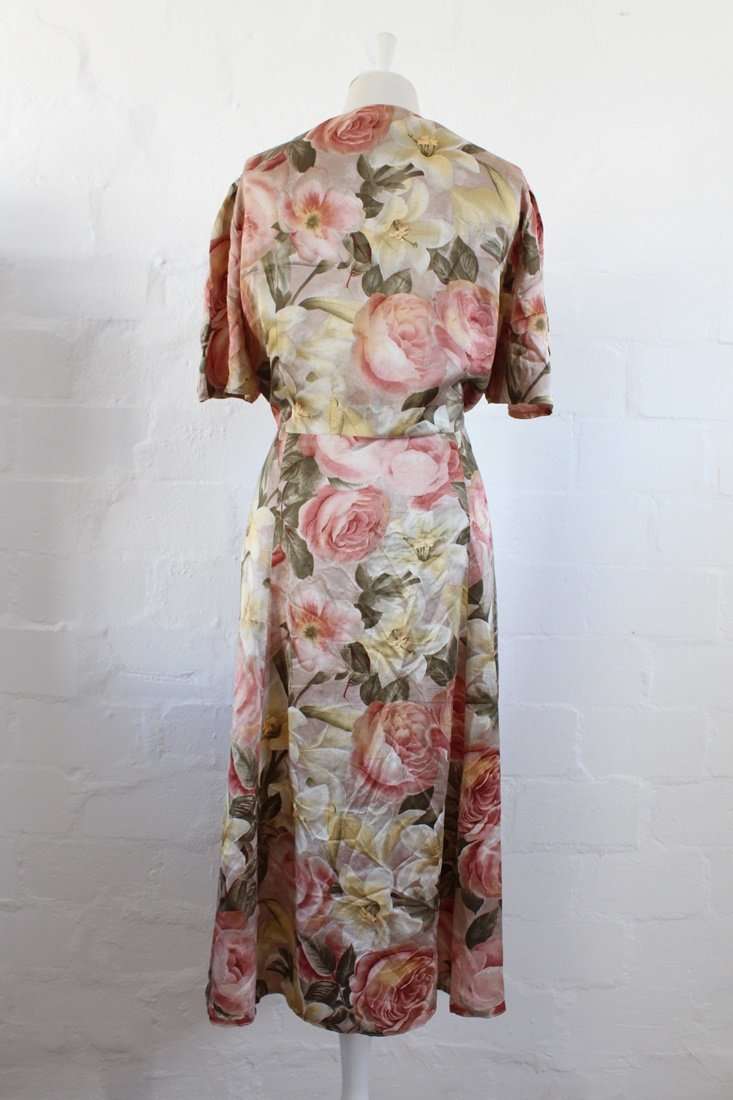 100% SILK ATELIER BEATRICE MURTEN DESIGNER VINTAGE PINK FLORAL DRESS - SIZE 16
