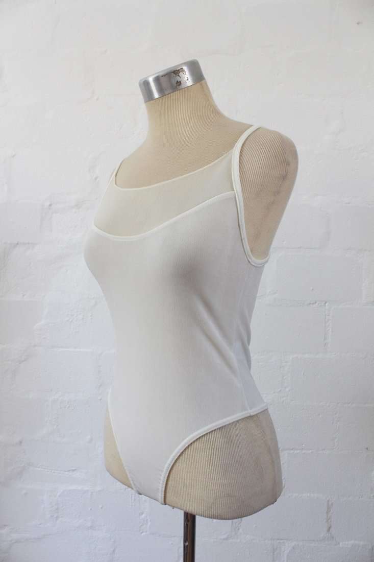 VINTAGE CREAM MESH CHEST BODYSUIT TOP - SIZE S