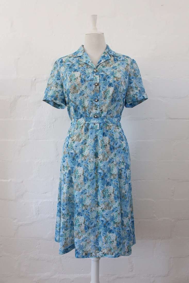 VINTAGE BLUE FLORAL PRINTED TIE WAIST DAY DRESS - SIZE 14