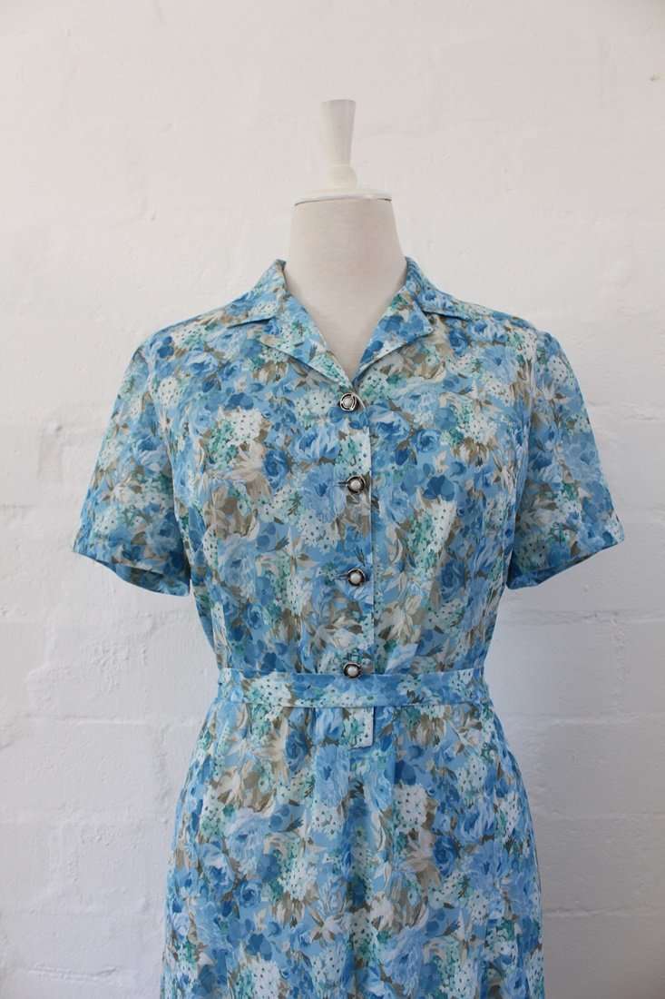 VINTAGE BLUE FLORAL PRINTED TIE WAIST DAY DRESS - SIZE 14