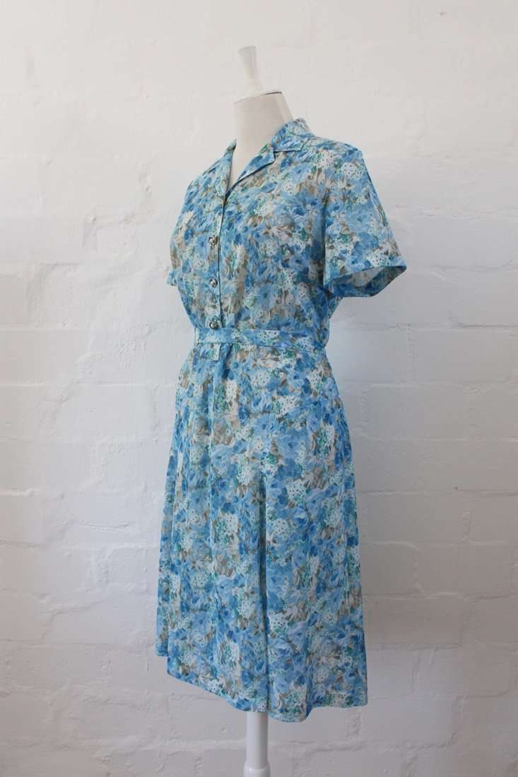 VINTAGE BLUE FLORAL PRINTED TIE WAIST DAY DRESS - SIZE 14