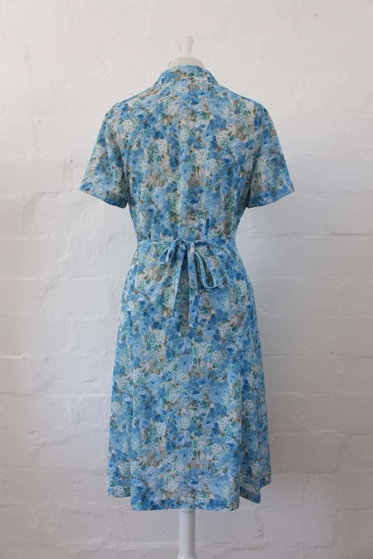 VINTAGE BLUE FLORAL PRINTED TIE WAIST DAY DRESS - SIZE 14