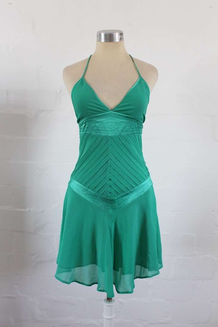 MISS SELFRIDGE 100% SILK GREEN HALTERNECK COCKTAIL PARTY DRESS - SIZE 6