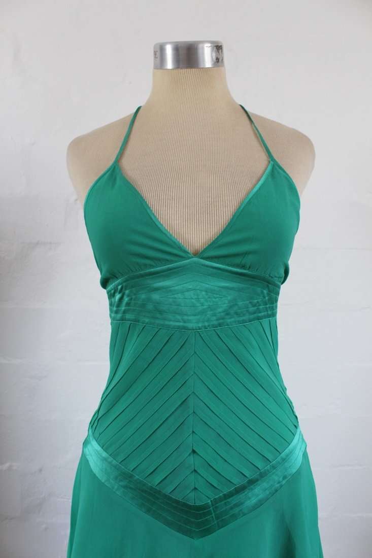 MISS SELFRIDGE 100% SILK GREEN HALTERNECK COCKTAIL PARTY DRESS - SIZE 6
