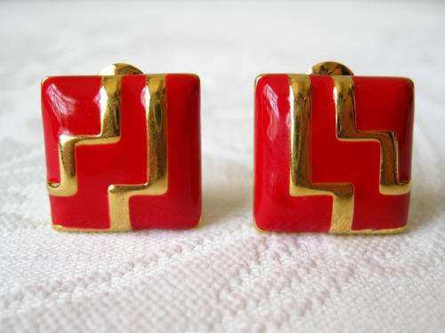 MONET DESIGNER VINTAGE RED ENAMEL GOLD PLATED CLIP-ON EARRINGS