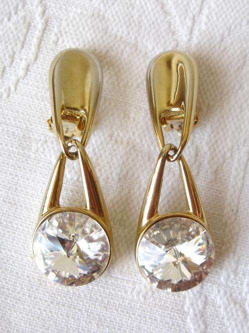 VINTAGE GOLD PLATED LARGE DIAMANTE CRYSTAL RHINESTONE  DANGLE CLIP-ON EARRINGS