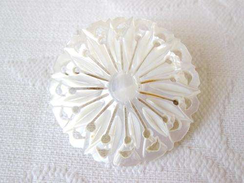 VINTAGE MOTHER OF PEARL SHELL CARVED FLOWER BROOCH PIN - MADE IN BETHLEHEM
