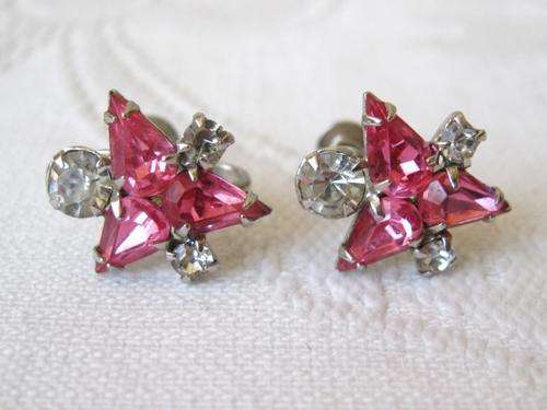 VINTAGE PINK RHINESTONE DIAMANTE PASTE SILVER PLATED SCREW BACK EARRINGS