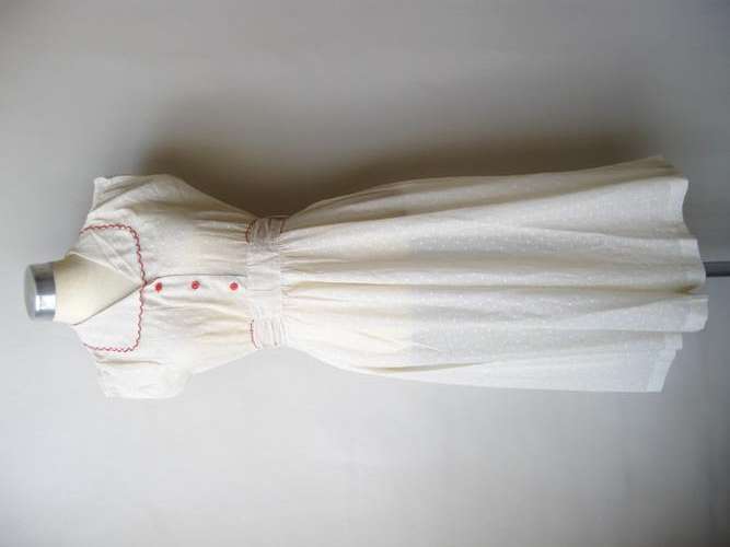 VINTAGE SHEER CREAM POLKA DOT RED TIE WAIST BUTTON DRESS - SIZE 12