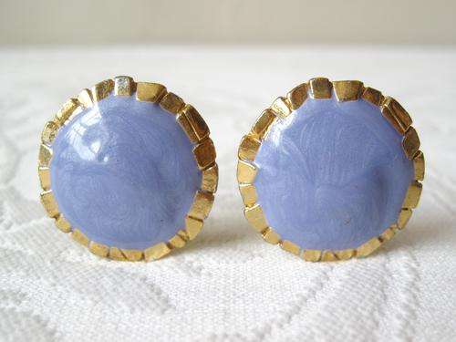VINTAGE BLUE SWIRL ENAMEL GOLD PLATED CLIP-ON EARRINGS