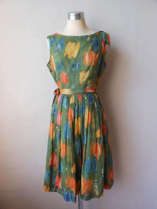VINTAGE 50S STYLE GREEN ORANGE TIE WAIST PLEATED TEA DRESS - SIZE 14