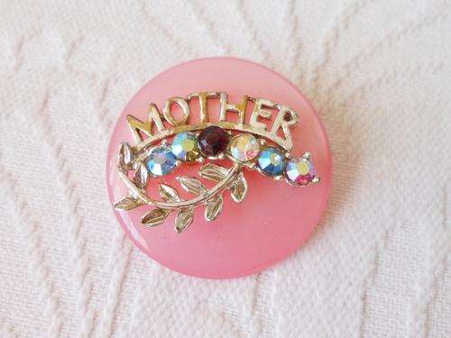 VINTAGE MOTHER PINK RHINESTONE ROUND BROOCH PIN