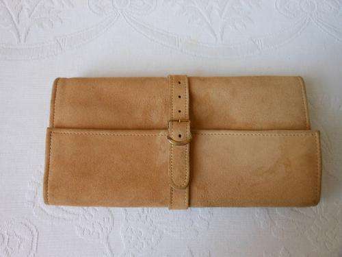 *SALE* VINTAGE GENUINE SUEDE LEATHER TAN BROWN CLUTCH BAG JEWELLERY ROLL