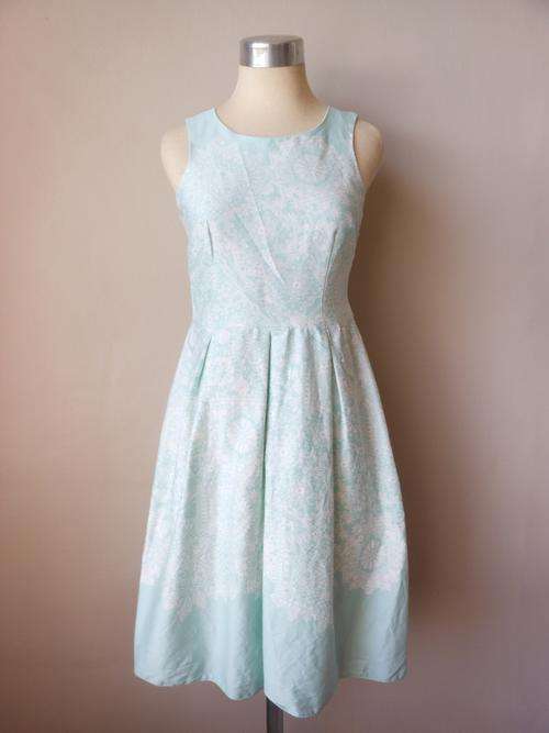 OASIS VINTAGE STYLE MINT GREEN WHITE FLORAL PRINT TEA DRESS - SIZE 6
