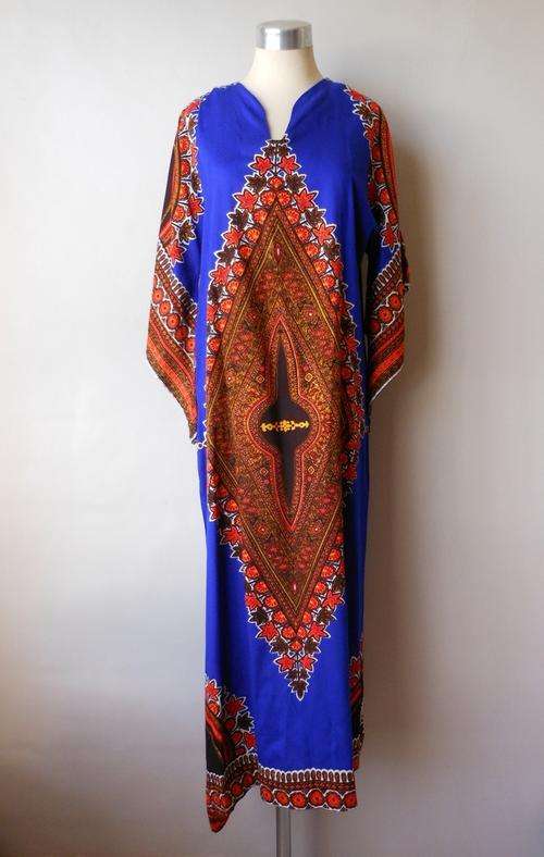VINTAGE ETHNIC PRINT BLUE BROWN ORANGE BELL SLEEVE KAFTAN DRESS - SIZE L