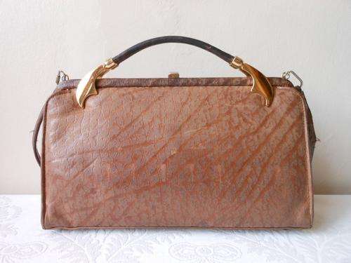 VINTAGE *BUFFALO SKIN* BROWN TAN LEATHER SUEDE FRAME HANDLE HANDBAG BAG