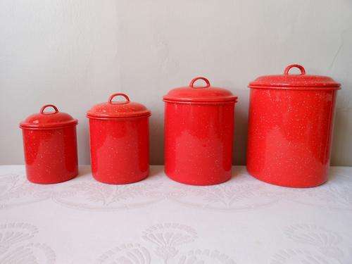 VINTAGE RED ENAMELWARE KITCHEN CANISTERS