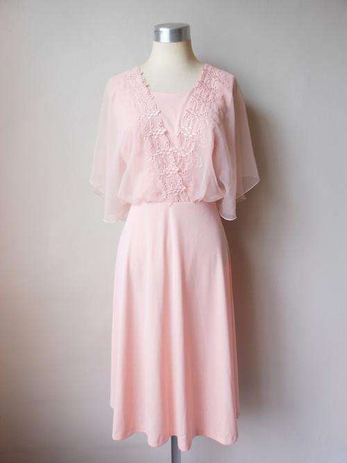 VINTAGE PINK CHIFFON EMBROIDERED EVENING COCKTAIL DRESS - SIZE 16