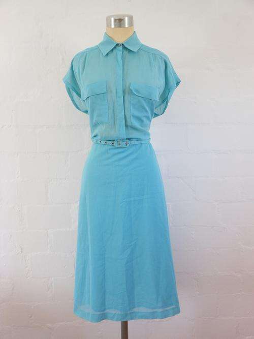 VINTAGE LIGHT BLUE BELTED SHIRT DAY DRESS - SIZE 18