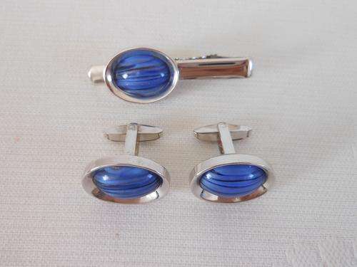 *END SEASON SALE* FOSTER MEN'S VINTAGE SILVER PLATED BLUE STONE CUFFLINKS TIE CLIP SET