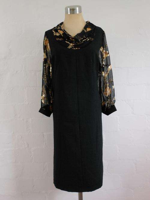 VINTAGE BLACK FLORAL PRINT GOLD SHEER LONG SLEEVE COCKTAIL DRESS - SIZE 20