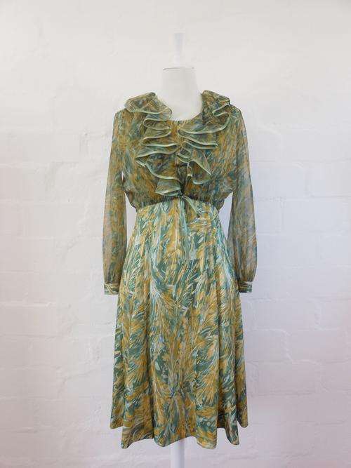 *SALE* VINTAGE TWO PIECE GREEN LEAF PRINT SHEER RUFFLE TOP DRESS - SIZE 10