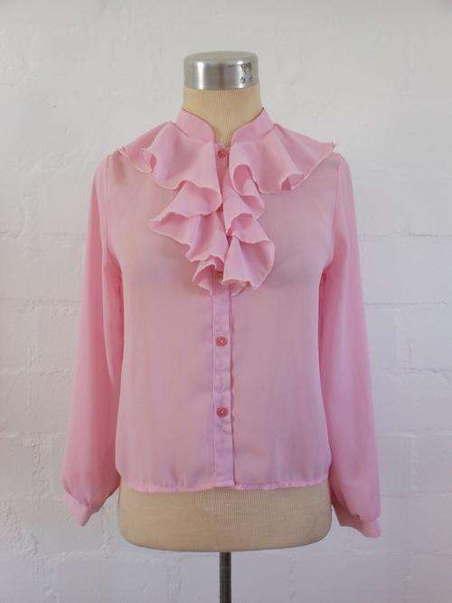 *SALE* VINTAGE PINK RUFFLE LONG SLEEVE BLOUSE SHIRT TOP - SIZE 6
