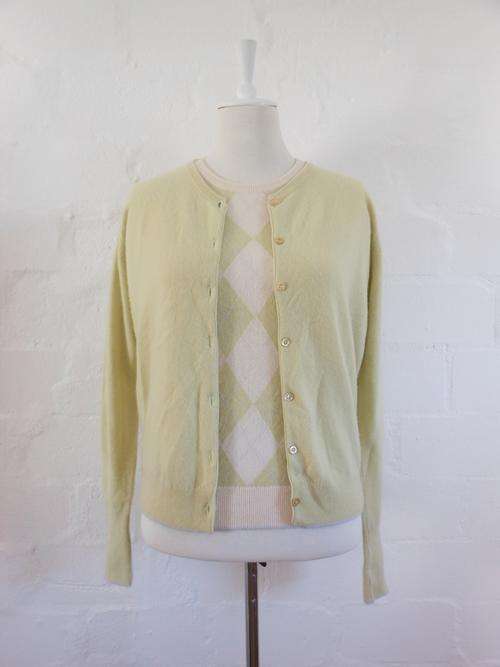 *THE SCOTCH HOUSE* 100% CASHMERE ARGYLE DIAMOND GREEN CARDIGAN TWO PIECE TWIN SET - SIZE LARGE