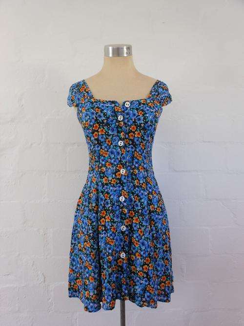 VINTAGE MINI FLORAL PRINT YELLOW BLUE BUTTON DOWN DRESS - SIZE 6