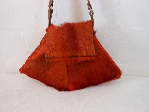 *GENUINE SPRINGBOK SKIN* LEATHER FUR ORANGE BROWN SHOULDER HANDBAG BAG