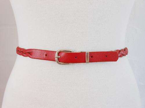 VINTAGE GENUINE LEATHER RED BRAIDED WOVEN SKINNY WAIST BELT