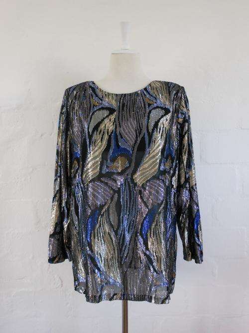 NEW WITH TAGS - VINTAGE GOLD BLUE EVENING BLOUSE SHIRT TOP - SIZE 14