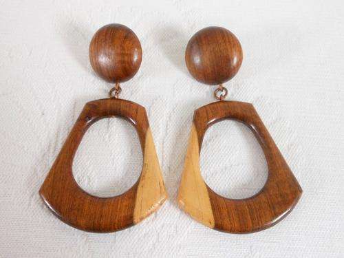VINTAGE SOLID WOODEN TWO TONE BROWN CHUNKY LARGE DROP EARRINGS