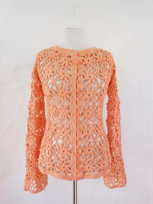 *NEW YEAR SALE - 50% OFF* VINTAGE CROCHET ORANGE KNITTED SHEER CHUNKY JERSEY CARDIGAN - SIZE LARGE