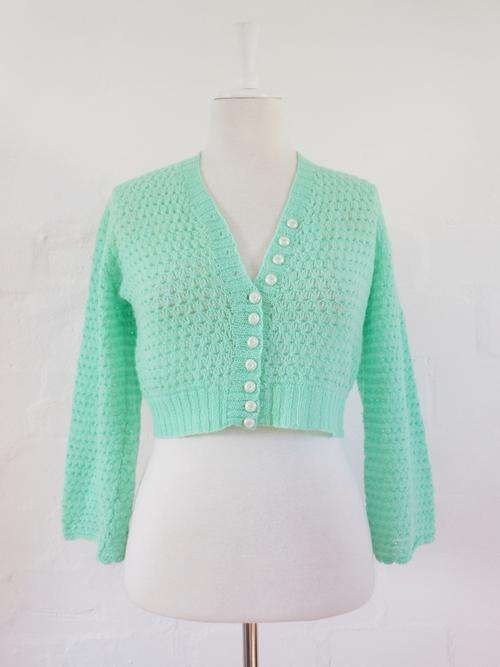 *NEW YEAR SALE - 50% OFF* VINTAGE MINT GREEN KNITTED CROPPED JERSEY SWEATER CARDIGAN - SIZE LARGE