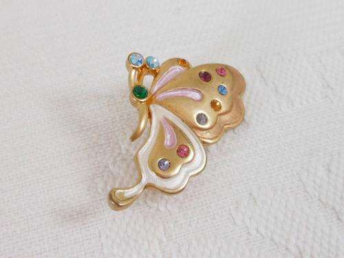 VINTAGE BUTTERFLY GOLD PLATED RHINESTONE ENAMEL BROOCH PIN